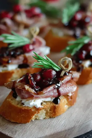 Brie, Cranberry and Prosciutto Crostini with Balsamic Glaze