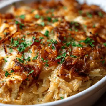 French Onion Chicken Orzo Casserole