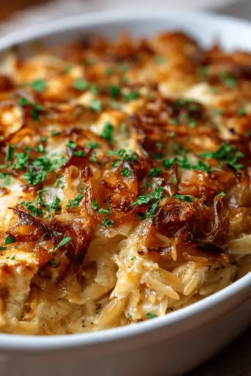 French Onion Chicken Orzo Casserole