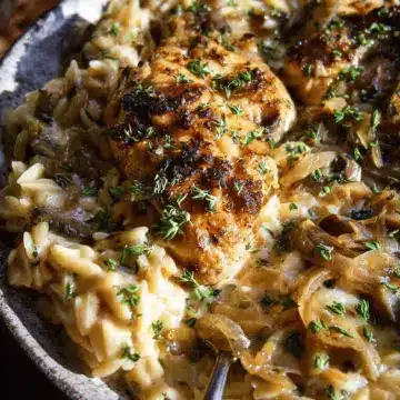 Crockpot Creamy French Onion Chicken and Orzo.