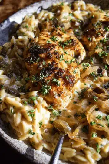 Crockpot Creamy French Onion Chicken and Orzo.