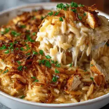 French Onion Chicken Orzo Casserole