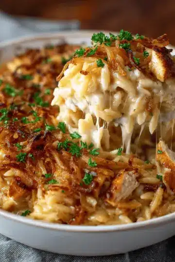 French Onion Chicken Orzo Casserole