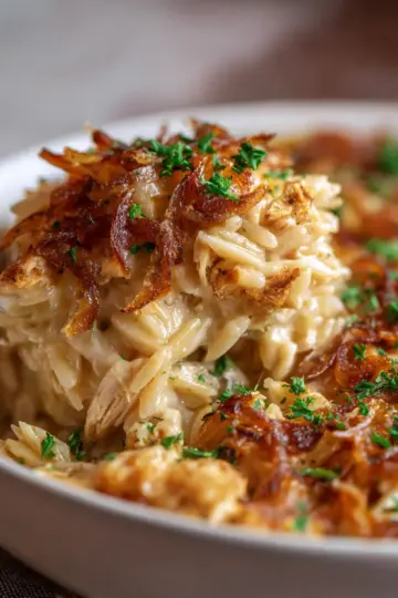 French Onion Chicken Orzo Casserole