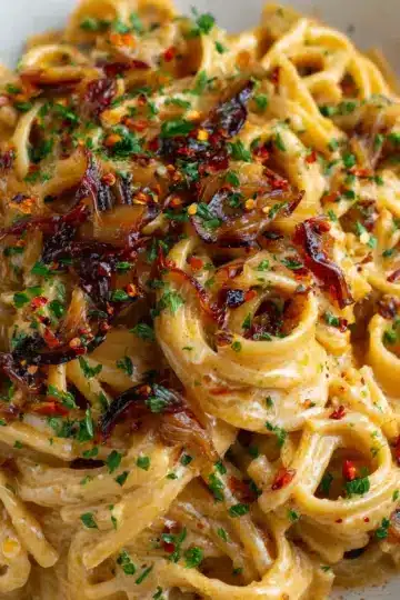 Caramelized Onion Pasta with Chilli Oil