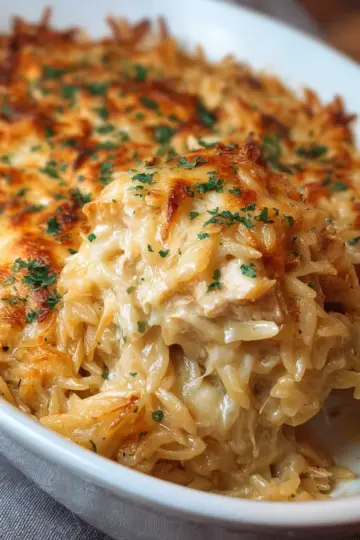French Onion Chicken Orzo Casserole