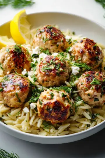 Greek Chicken Meatballs with Lemon Orzo