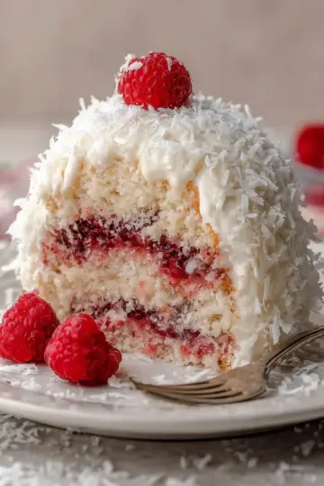 Raspberry Surprise Coconut Snowball Cake