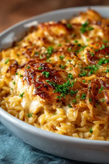 French Onion Chicken Orzo Casserole