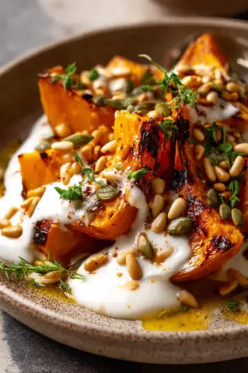 Roasted Pumpkin with Yogurt Sauce and Pine Nuts