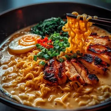Fiery Chicken Ramen with Creamy Garlic Sauce