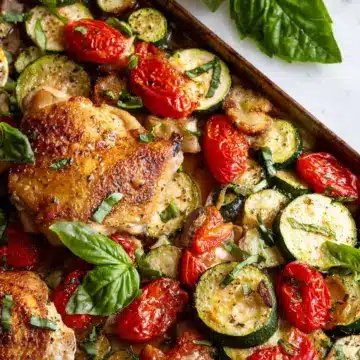 Sheet Pan Chicken with Zucchini Tomatoes and Basil