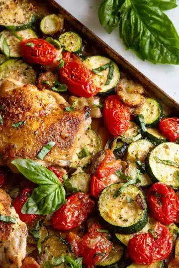 Sheet Pan Chicken with Zucchini Tomatoes and Basil
