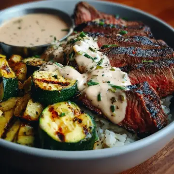 Grilled Steak Bowl with Creamy Sauce & Grilled Zucchini