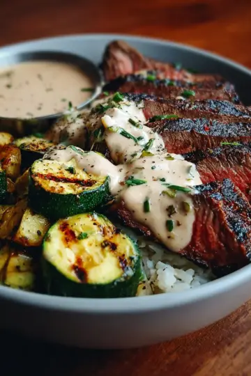 Grilled Steak Bowl with Creamy Sauce & Grilled Zucchini