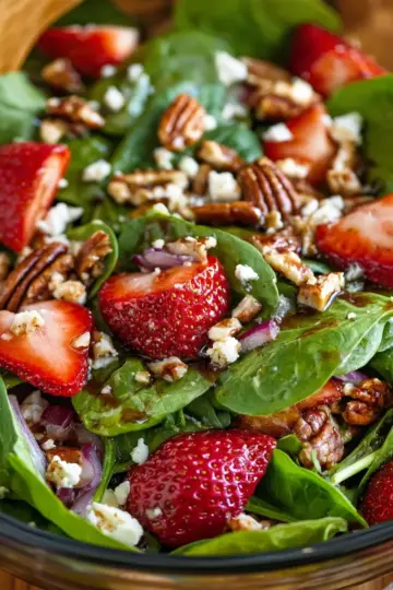 Strawberry Spinach Salad with Candied Pecans, Feta and Balsamic Vinaigrette