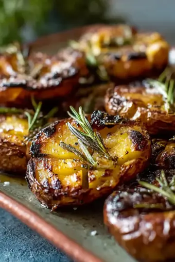 Smoky Grilled Garlic Rosemary Smashed Potatoes