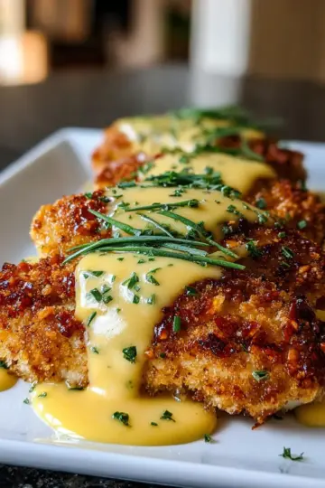 Pretzel-Crusted Chicken with Creamy Mustard Cheddar Sauce