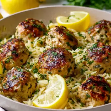Herbed Greek Chicken Meatballs with Lemon Orzo
