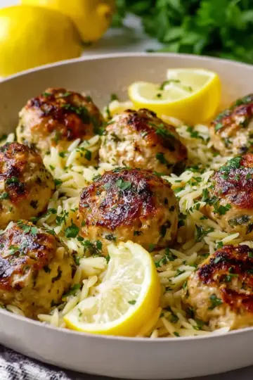 Herbed Greek Chicken Meatballs with Lemon Orzo