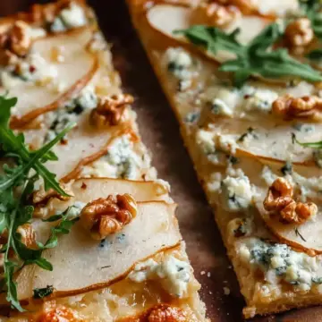 Pear and Gorgonzola Flatbread with Honey, Walnuts, and Arugula Recipe